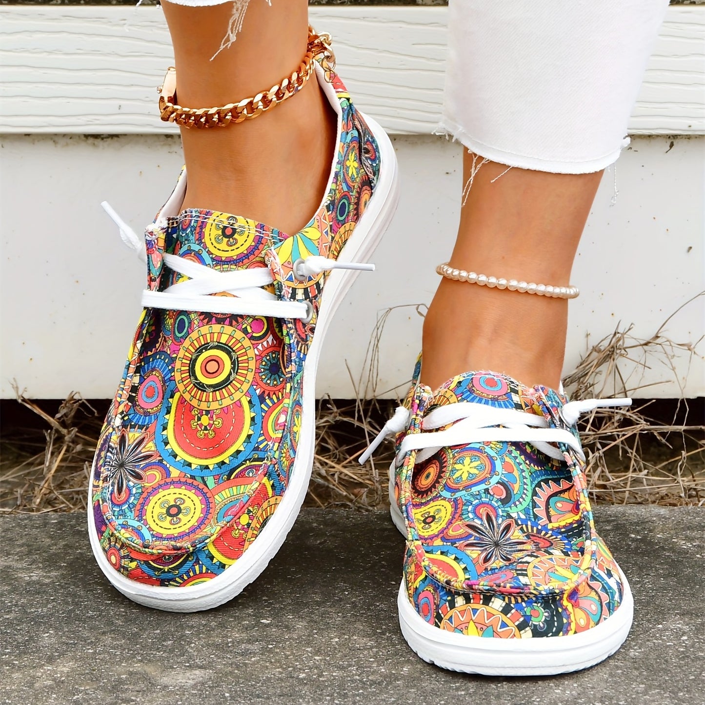 Women's Colorful Floral Printed Flats, Fashion Low Top Canvas Shoes, Casual Walking Sneakers