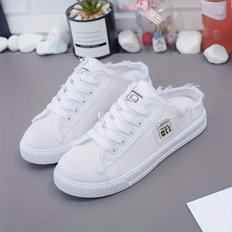 Women's Solid Color Canvas Shoes, Slip On Lace Up Round Toe Non-slip Half Drag Casual Slides Shoes, Comfy Outdoor Shoes
