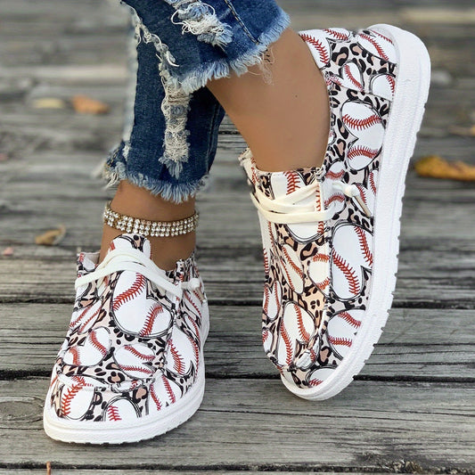 Women's Baseball Print Canvas Shoes, Casual Low Top Flat Walking Sneakers, Lightweight Outdoor Slip On Shoes