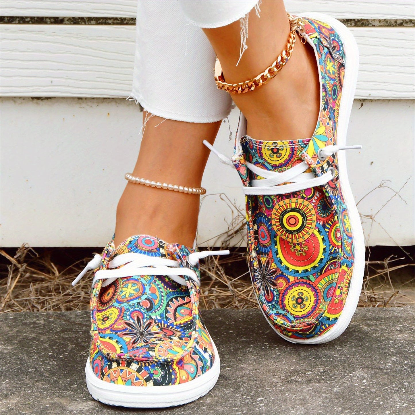 Women's Colorful Floral Printed Flats, Fashion Low Top Canvas Shoes, Casual Walking Sneakers