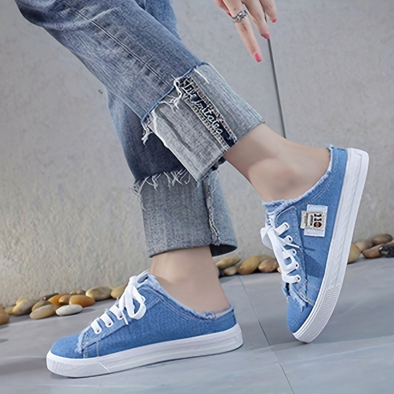 Women's Solid Color Canvas Shoes, Slip On Lace Up Round Toe Non-slip Half Drag Casual Slides Shoes, Comfy Outdoor Shoes