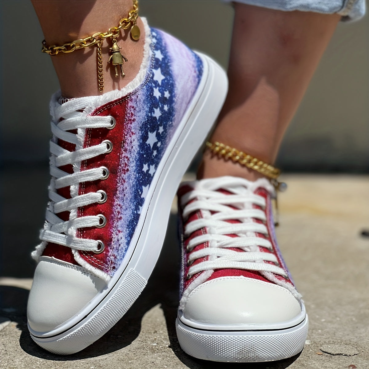 Women's Star Pattern Canvas Shoes, Casual Lace Up Outdoor Shoes, Lightweight Independence Day Shoes