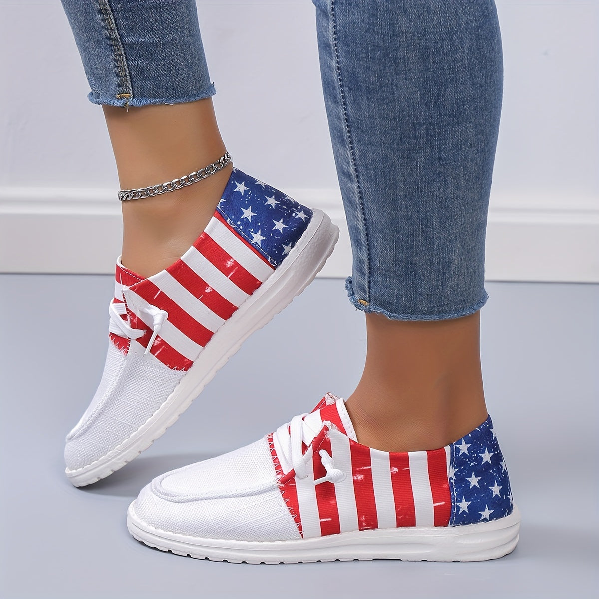 Women's Flag Pattern Canvas Shoes, Lace Up Low Top Slip On Flat Sneakers, Casual Loafers For Independence Day