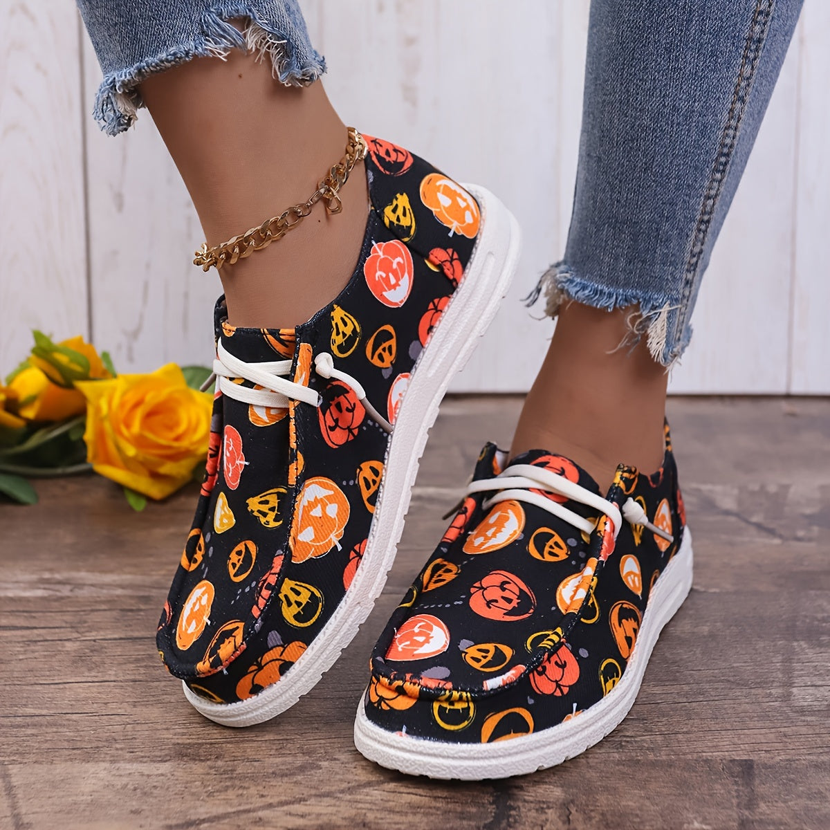 Women's Fashion Pumpkin Face Pattern Canvas Shoes, Causal Solid Color Lace Up Slip On Shoes, Trendy Halloween Shoes