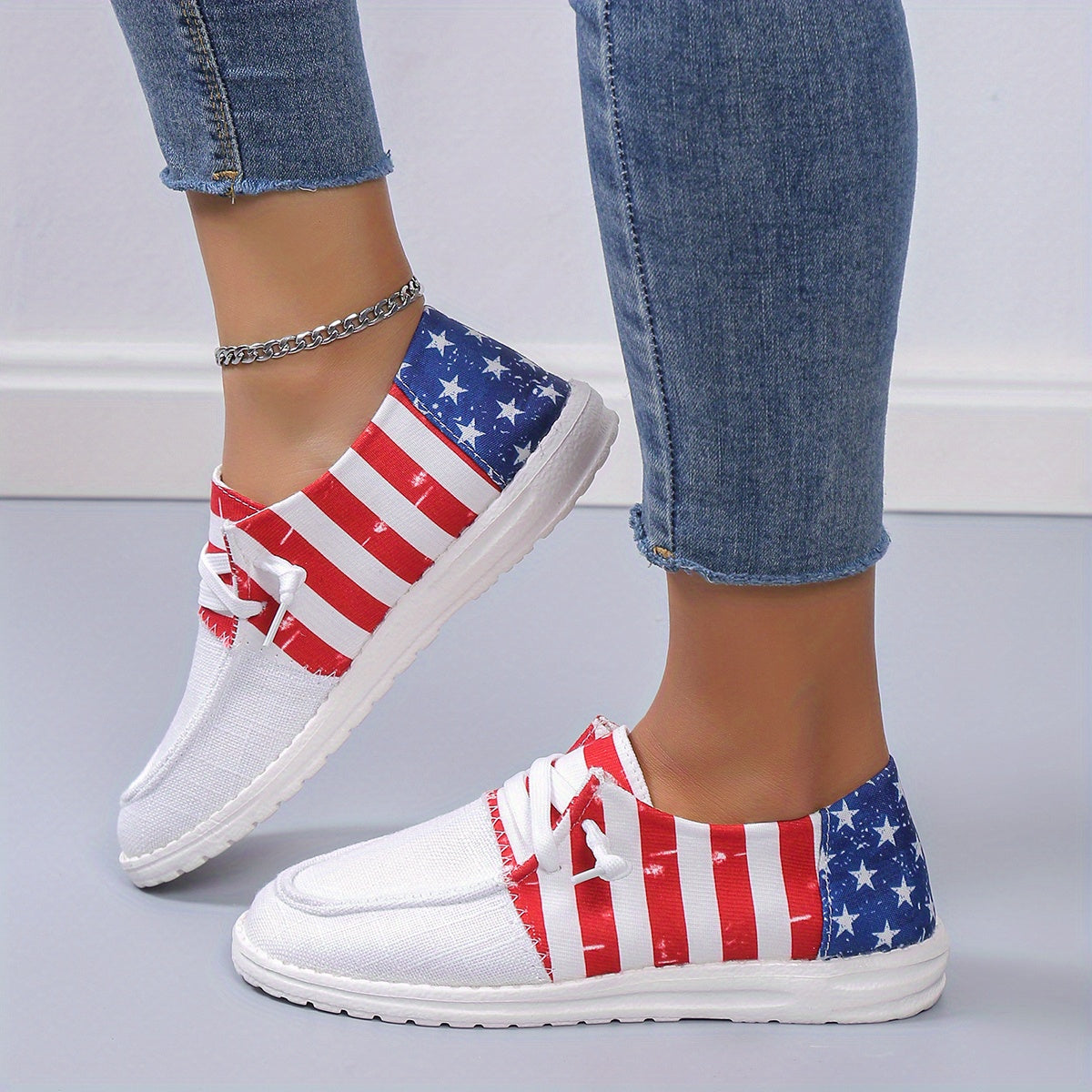 Women's Flag Pattern Canvas Shoes, Lace Up Low Top Slip On Flat Sneakers, Casual Loafers For Independence Day