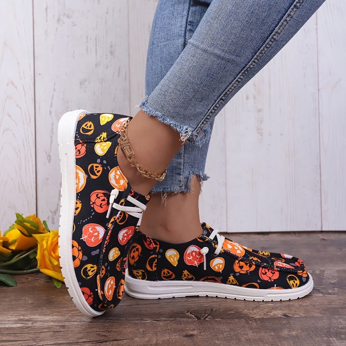Women's Fashion Pumpkin Face Pattern Canvas Shoes, Causal Solid Color Lace Up Slip On Shoes, Trendy Halloween Shoes