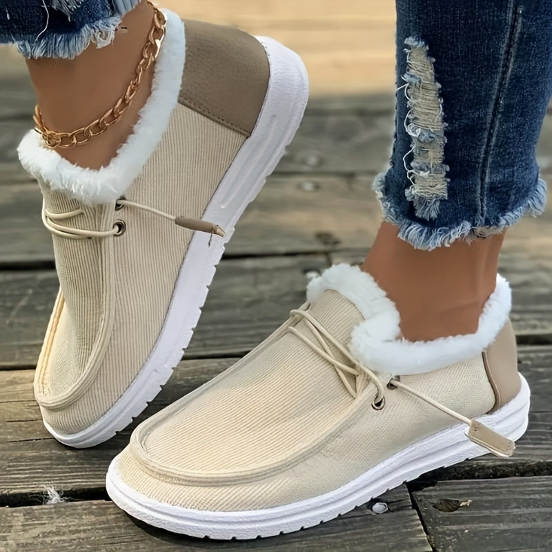 Women's Simple Canvas Shoes, Casual Lace Up Plush Lined Shoes, Lightweight Low Top Outdoor Shoes